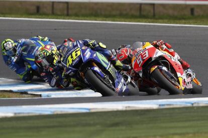 Rossi, Márquez, Viñales y Iannone, la semana pasada en Phillip Island.