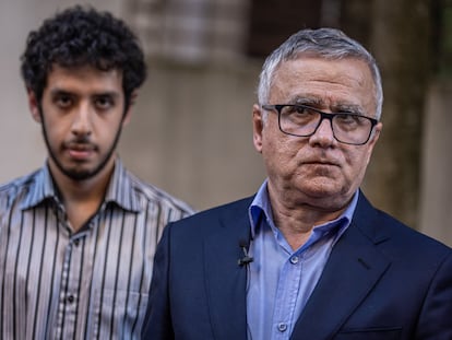 Former political prisoner Taghi Rahmani, 2023 Nobel Peace Laureate Narges Mohammadi’s husband, appears before the media in Paris, France, with his son Ali, in the background, on October 6, 2023.