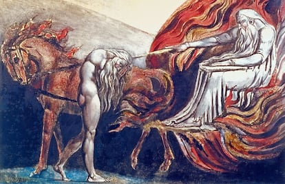 La religión juega un papel recurrente en la obra de William Blake; prueba de ello son grabados como este 'Dios juzga a Adán'. Blake mantenía una actitud muy crítica contra el poder eclesiástico, lo que no está reñido con el hecho de que fuera un gran lector de la Biblia que logró sobrevivir económicamente gracias a los encargos de acuarelas basadas en el Antiguo y el Nuevo Testamento.