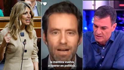 Yolanda Díaz, en el Congreso, y Borja Sémper y Pedro Sánchez, en dos capturas de dos vídeos manipulados en Twitter.