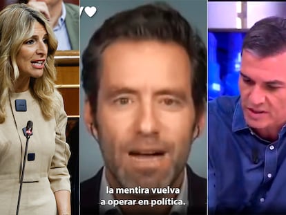 Yolanda Díaz, en el Congreso, y Borja Sémper y Pedro Sánchez, en dos capturas de dos vídeos manipulados en Twitter.