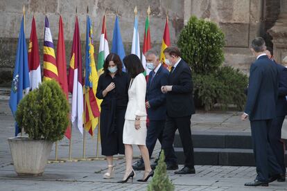 Los presidentes de Madrid, Baleares, Canarias y Comunidad Valenciana, Isabel Díaz Ayuso, Francina Armengol, Ángel Víctor Torres y Ximo Puig, el 30 de julio de 2020 en el monasterio de San Millán de la Cogolla.