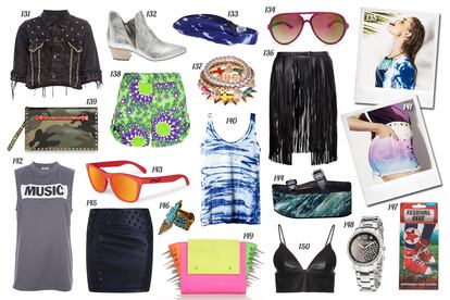 131. Zac Vargas Chaqueta vaquera con efecto desgastado y tachuelas. 132. Vic Matie Botín de piel metalizada. 133. Topshop Bandana con efecto tie dye. 134. Mango Gafas de sol con montura de pasta. 135 y 141. Bershka. 136. Marios Schwab Cinturón con flecos largos de cuero. 137. Stradivarius Pack de pulseras. 138. P.A.R.O.S.H Shorts estampados. 139. Valentino Clutch con print de camuflaje y tachuelas. 140. Zara Camiseta de tirantes con efecto tie dye. 142. Acne Camiseta sin mangas con la palabra “Music”. 143. Oakley Gafas de sol con montura de pasta. 144. & other Stories Sandalia con maxi cuña.o 145. SuiteBlanco Falda recta de piel con tachuelas. 146. H&M Anillo dorado con piedrecitas turquesas. 147. Topshop Fundas para no mancharse los zapatos. 148. Just Cavalli Reloj con print de leopardo en la esfera. 149. Malababa Clutch de piel flúor con pinchos. 150. T by Alexander Wang Cropped top de piel.