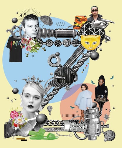 En la ilustración aparecen Vejas Kruszewski, Tyler Lambert, Elle Fanning, Zendaya, Selah Marley. Camiseta y broche de Gucci; gorra de Supreme; shorts y sandalia de Off-White.