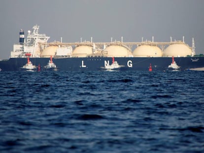 FILE PHOTO: A liquefied natural gas (LNG) tanker is tugged towards a thermal power station in Futtsu, east of Tokyo, Japan November 13, 2017. REUTERS/Issei Kato/File Photo