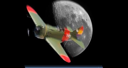 Fotomontaje de un Polikarkov I-16 'Mosca' delante de la Luna.