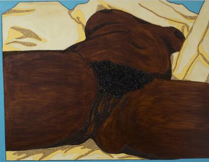 'Origin of the Universe' (2012), de Mickalene Thomas, reletura do célebre quadro de Courbet 'A origem do mundo'.