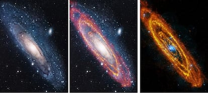 La galaxia vecina Andrómeda, fotografiada en luz visible (izquierda), en rayos XX con  el telescopio <i>XMM-Newton</i> (centro) y en infrarrojo, con el <i>Herschel</i>.