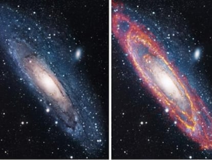 La galaxia vecina Andrómeda, fotografiada en luz visible (izquierda), en rayos XX con  el telescopio <i>XMM-Newton</i> (centro) y en infrarrojo, con el <i>Herschel</i>.
