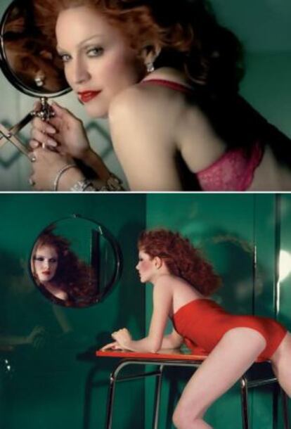 Imagen del vídeo ‘Hollywood’ de Madonna./ Fotografía de Guy Bourdin para Vogue París, 1977.