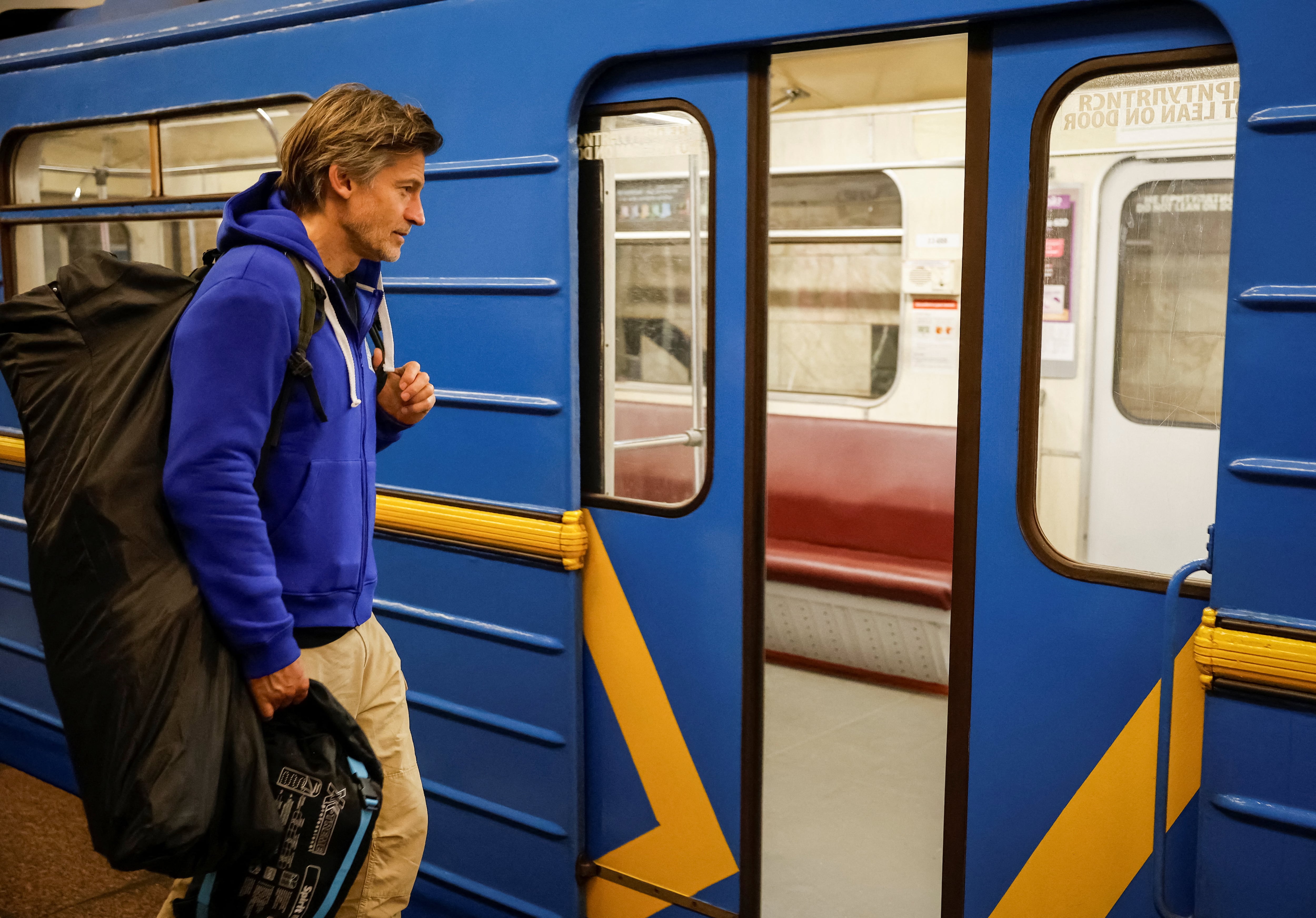 Actor Nikolaj Coster-Waldau takes shelter inside a metro station in Kyiv