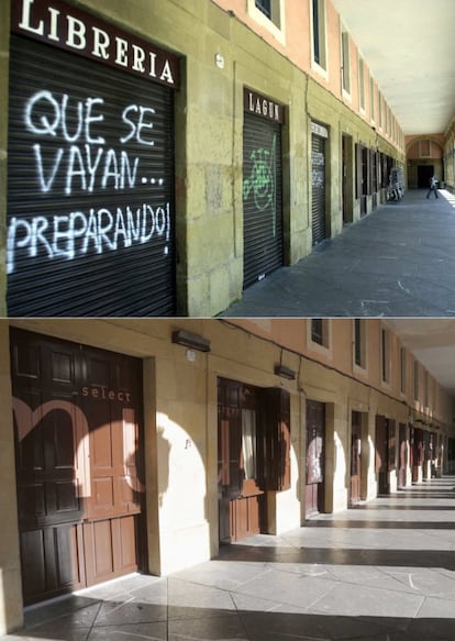 Exterior de la librería Lagun en San Sebastián, cerrada desde hace meses tras el atentado de ETA contra José Ramón Recalde, con pintadas amenazantes "Que se vayan... preparando!" y "Faxistak kanpora", en la plaza de la Constitución de San Sebastián en 2001. Abajo, en la actualidad. 