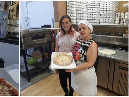 María del Pino Betancort muestra una de sus pizzas. A la derecha, con su hija Nisa.