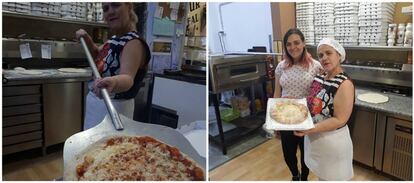 María del Pino Betancort muestra una de sus pizzas. A la derecha, con su hija Nisa.