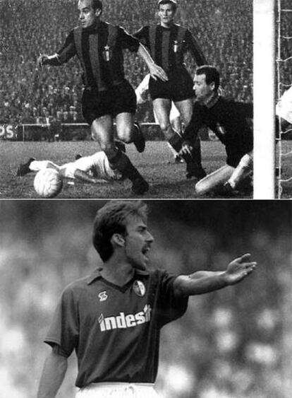 Arriba, Luis Suárez con el Inter en un partido contra el Madrid; a la izquierda, Martín Vázquez con el Torino en 1990.