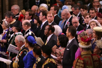 Prince Harry, center, looks around in Westminster Abbey, ahead of the coronation of King Charles III and Camilla, the Queen Consort, in London, on May 6, 2023.