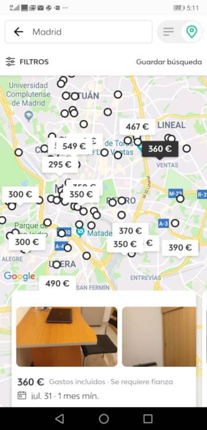 Anuncios de habitaciones en Madrid en la app Badi.