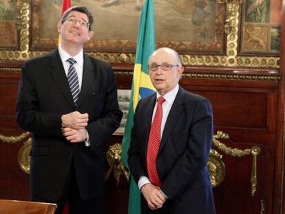 Os ministros da Fazenda do Brasil, Joaquim Levy, e da Espanha, Crist&oacute;bal Montoro, no dia 7, em Madri.