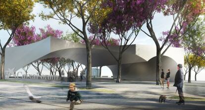 Recreación virtual de la entrada al CaixaForum de Sevilla, diseñado por Vázquez Consuegra.