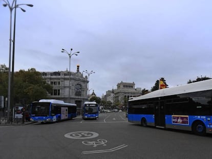 Autobuses públicos de la ciudad de Madrid en la rotonda de Cibeles.