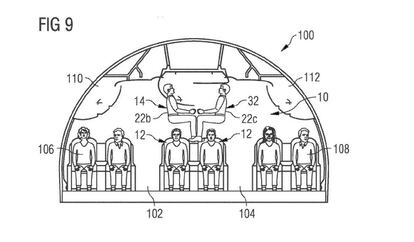 La patente incorpora posibilidades alternativas como la que muestra la imagen, en los que los pasajeros de la parte superior se sientan frente a frente.