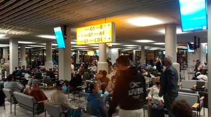Pasajeros de los vuelos de Sudáfrica, en la sala del aeropuerto de Schiphol (Ámsterdam), donde permanecieron horas tras aterrizar.