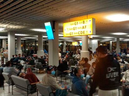 Pasajeros de los vuelos de Sudáfrica, en la sala del aeropuerto de Schiphol (Ámsterdam), donde permanecieron horas tras aterrizar.