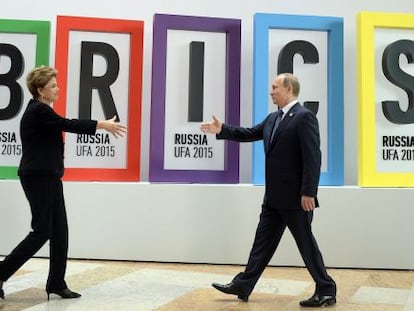 Dilma Rousseff e Vladimir Putin na abertura do encontro dos BRICS na R&uacute;ssia, nesta quinta-feira. 