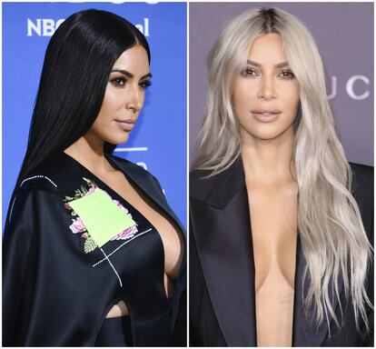 El pasado mes de septiembre Kim Kardashian cambió el color de su larga melena y se pasó al rubio platino. Un proceso en el que la estrella de la telerrealidad y empresaria invirtió varias horas. Según ella misma ha contado, teñirse el pelo es algo que hizo a lo largo de varios días (“para no romperlo”) y en lo que invirtió un total de 13 horas. En la imagen, Kim Kardashian el pasado mes de mayo y, a la derecha, en un evento en Los Ángeles a principios de noviembre.

