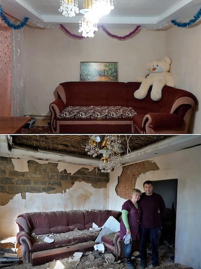 Interior del salón de la casa de Viktor Korotkiy (45) y Anna (42), en la localidad de Kamianka, antes y después de la ocupación rusa.