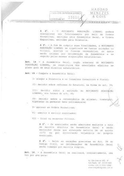 Parte do estatuto do MRL, com o artigo 15, que trata, dentre outras coisas, de quem tem direito a voto na organização (clique para ampliar).