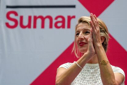 La vicepresidenta segunda Yolanda Díaz, durante acto de escucha de su proyecto Sumar el pasado 19 de marzo, en Sevilla.