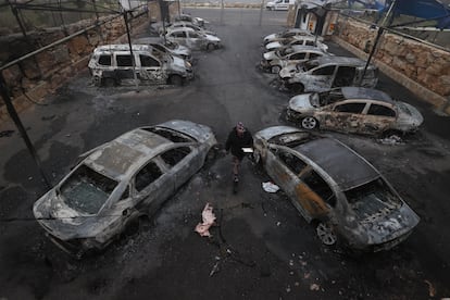 Cars from a dealership in Ramallah burned by Jewish settlers on January 23 in the West Bank.