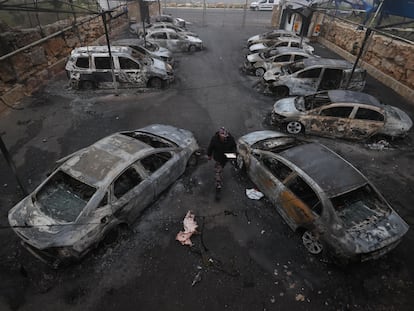 Cars from a dealership in Ramallah burned by Jewish settlers on January 23 in the West Bank.