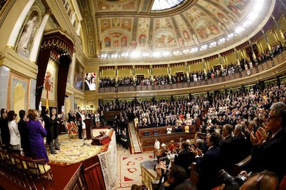 Proclamación del rey Felipe VI ante las Cortes Generales en el hemiciclo del Congreso de los Diputados, el 19 de junio de 2014.