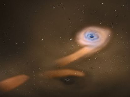 Ilustração da dupla de buracos negros supermaciços no centro de uma galáxia, com os jorros de gás que se precipitam entre eles.