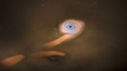 Ilustración de la pareja de agujeros negros supermasivos en el centro de una galaxia con los chorros de gas que se precipitan en ellos.