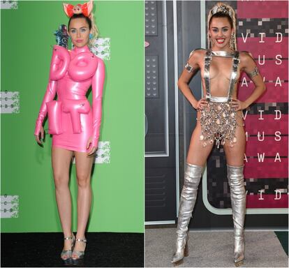 La cantante Miley Cyrus dejó de ser la niña buena de Disney y eso también se notó en sus estilismos. En los premios MTV Video Music Awards de 2015 apareció con un vestido rosa de látex, diseñado por House of Holland, con la frase "Do it" ("Hazlo", en inglés), combinado con un tocado de hocico y orejas de cerdo. Ese mismo día, lució un conjunto plateado que no dejaba casi nada a la imaginación.