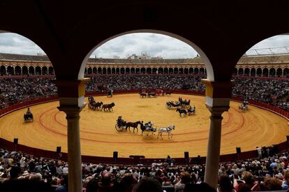 Carruajes tirados por caballos participan en la XXXIII exposición 'Enganches' en la plaza de toros de la Real Maestranza en Sevilla.