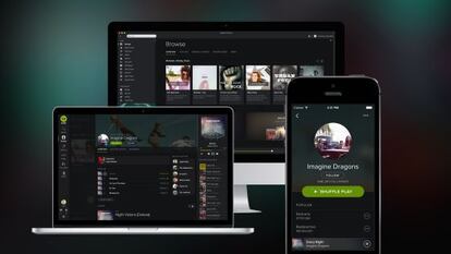 Un ordenador, una tableta y un m&oacute;vil, conectados a Spotify. 