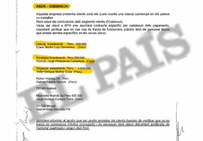 Acta interna de la Banca Privada d'Andorra (BPA) que menciona el depósito del abogado peruano Jorge Horacio Canepa Torre