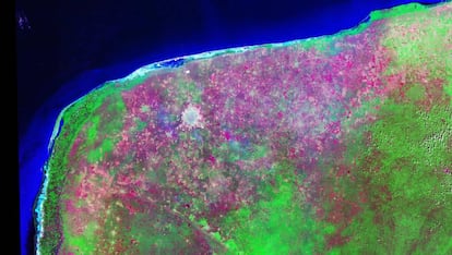 zona de la pen&iacute;nsula del Yucat&aacute;n donde impact&oacute; el meteorito que pudo acabar con los dinosaurios desde el sat&eacute;lite Landsat.