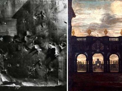 A la izquierda, foto del cuadro tomada con rayos X en la que se ven los agujeros que los dardos de los chicos del reformatorio hicieron en el bastidor. A la derecha, el cuadro restaurado.