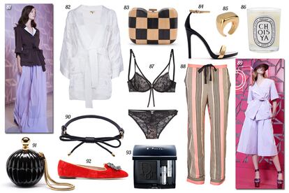 81 y 89. Louis Vuitton Cruise. 82. Emilio Pucci Kimono con bordados y transparencias. 83. Fendi Clutch de cuadros. 84. Zara Sandalia bicolor. 85. Giuseppe Zanotti Sortija dorada. 86. Diptyque Vela aromática. 87. Etam Conjunto de lencería de encaje. 88. Sea New York Pantalón de rayas con cordón en la cintura. 90. Zuhair Murad Cinturón de piel con lazo. 91. Lanvin Clutch en forma de frasco de perfume. 92. Dolce & Gabbana Slipper de terciopelo con hebilla metálica en el empeine. 93. Dior Sombra de ojos “Diorshow Mono”.