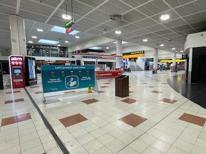 A deserted Gatwick Airport departures lounge on April 8, 2021.