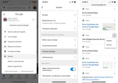 Eliminar el historial de actividad en Google Maps.