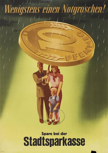 Cartel de la Caja de Ahorros de 1953 en el que se lee: “Por lo menos, unos céntimos para una emergencia”.