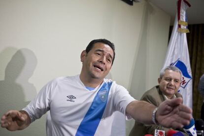 Jimmy Morales, pictured wearing the Guatemala national soccer team jersey.