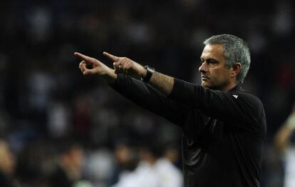 José Mourinho gestures to supporters after the Champions League football match between Real Madrid and CSKA Moscow.