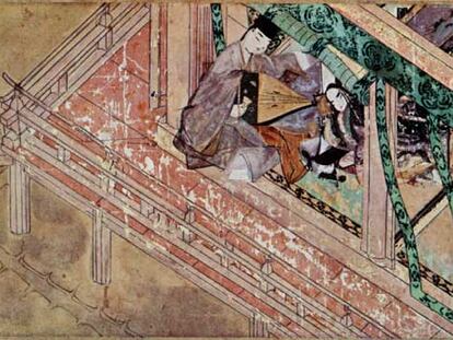 Ilustración del siglo XII para el 'Genji monogatari', en la que el príncipe Niou-no-miya consuela a su esposa, la princesa Uji.
